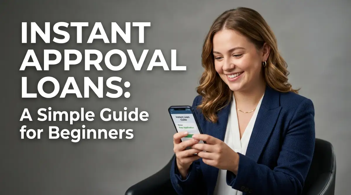 A smiling young woman checking her smartphone while learning about instant approval loans in a clean studio setting.